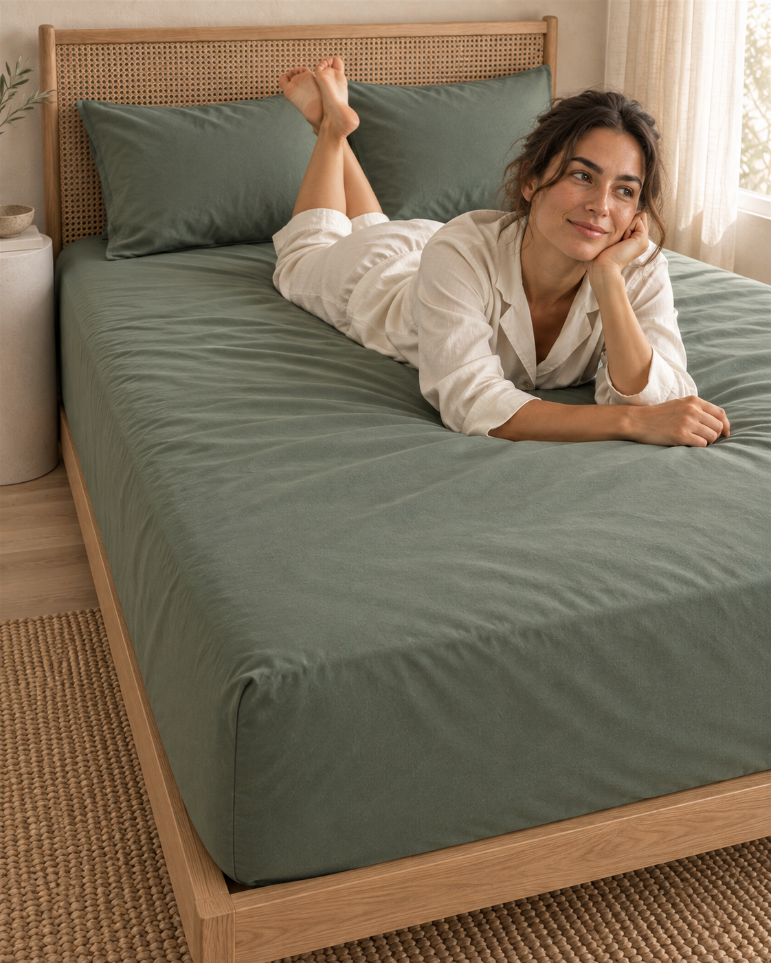 Hoeslaken – Biologisch katoensatijn – Soft Sage