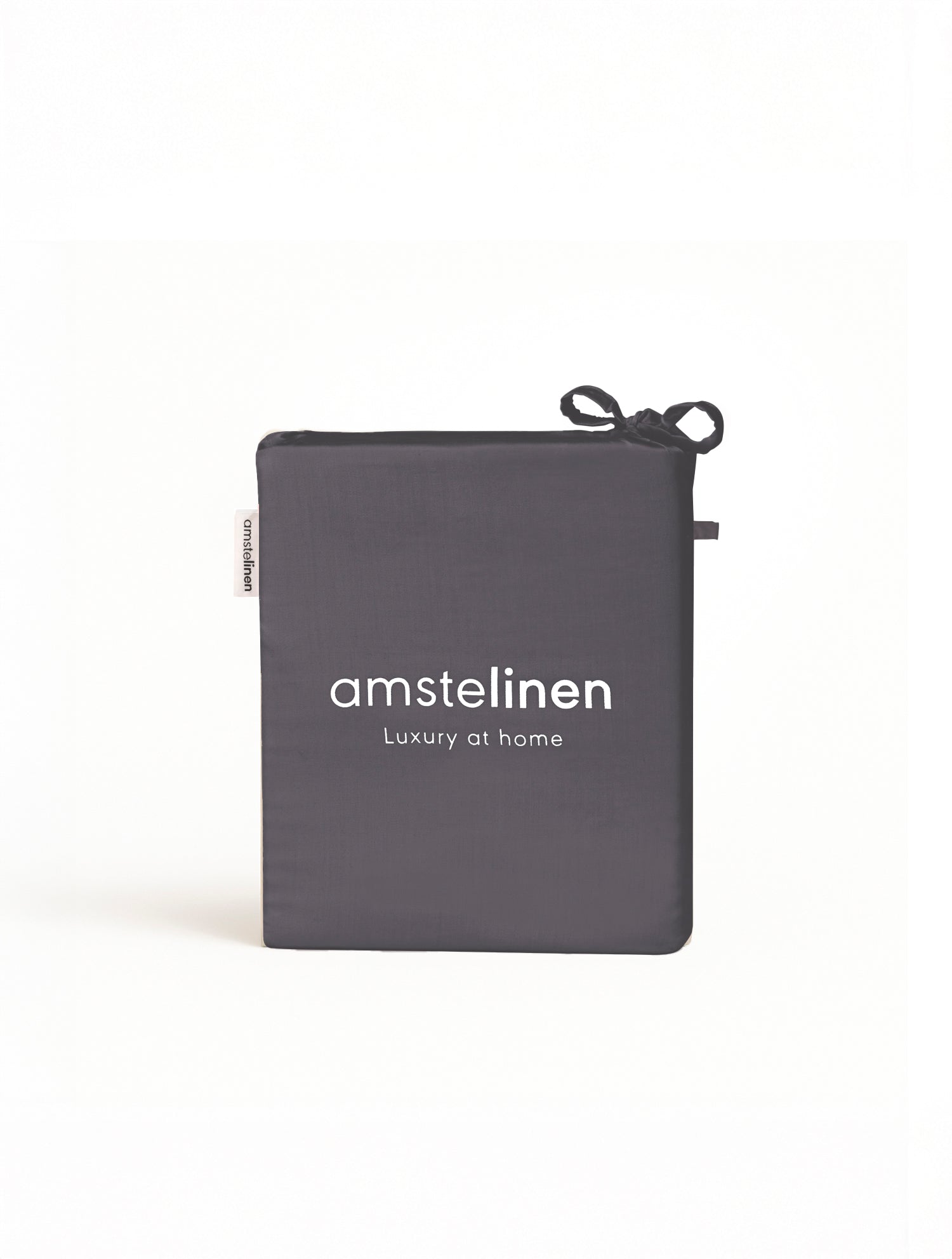 Dark grey fabric pouch with amstelinen logo and drawstring closure on white background.