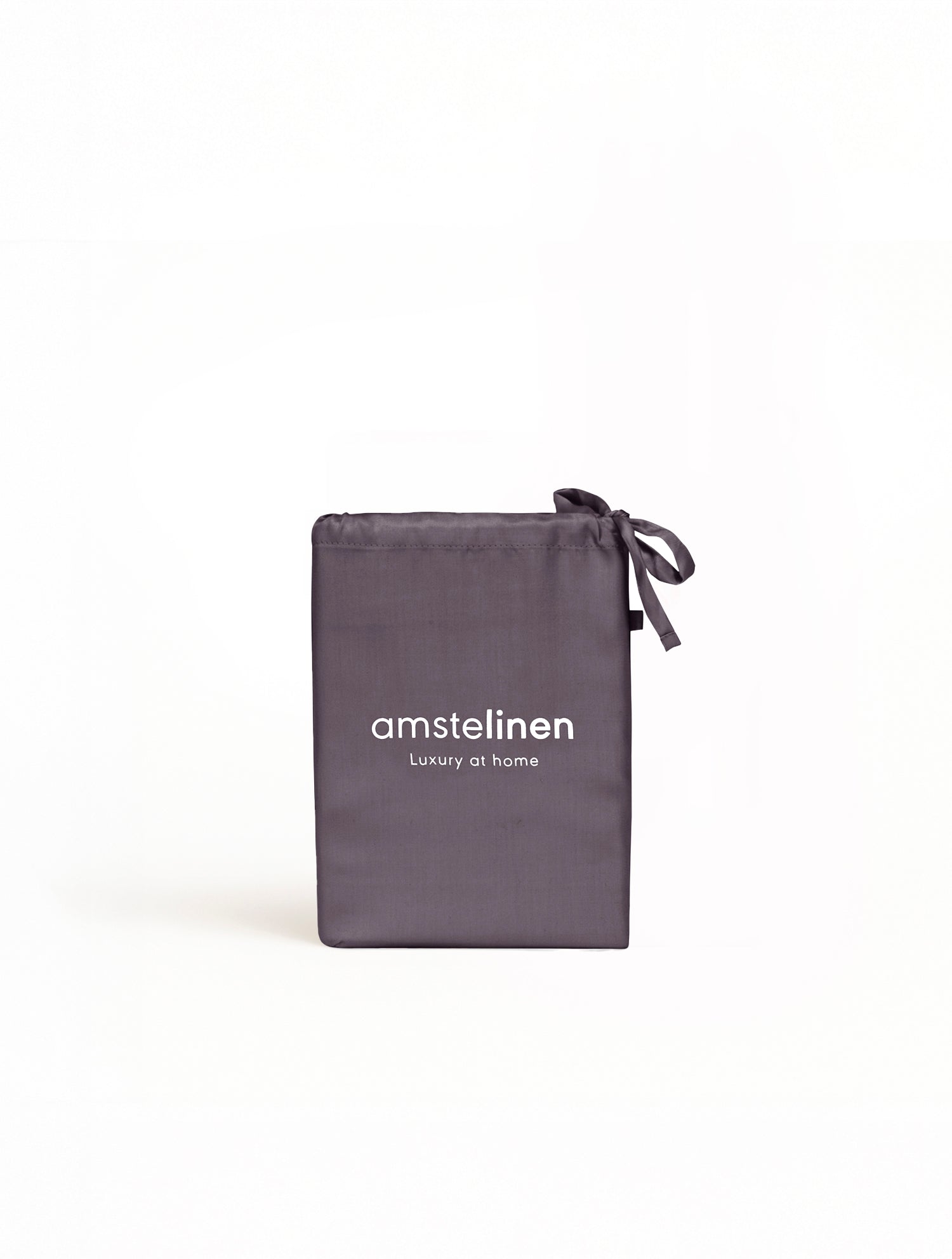 Dark grey Tencel sateen pillowcase with drawstring closure and Amstelinen logo in white.